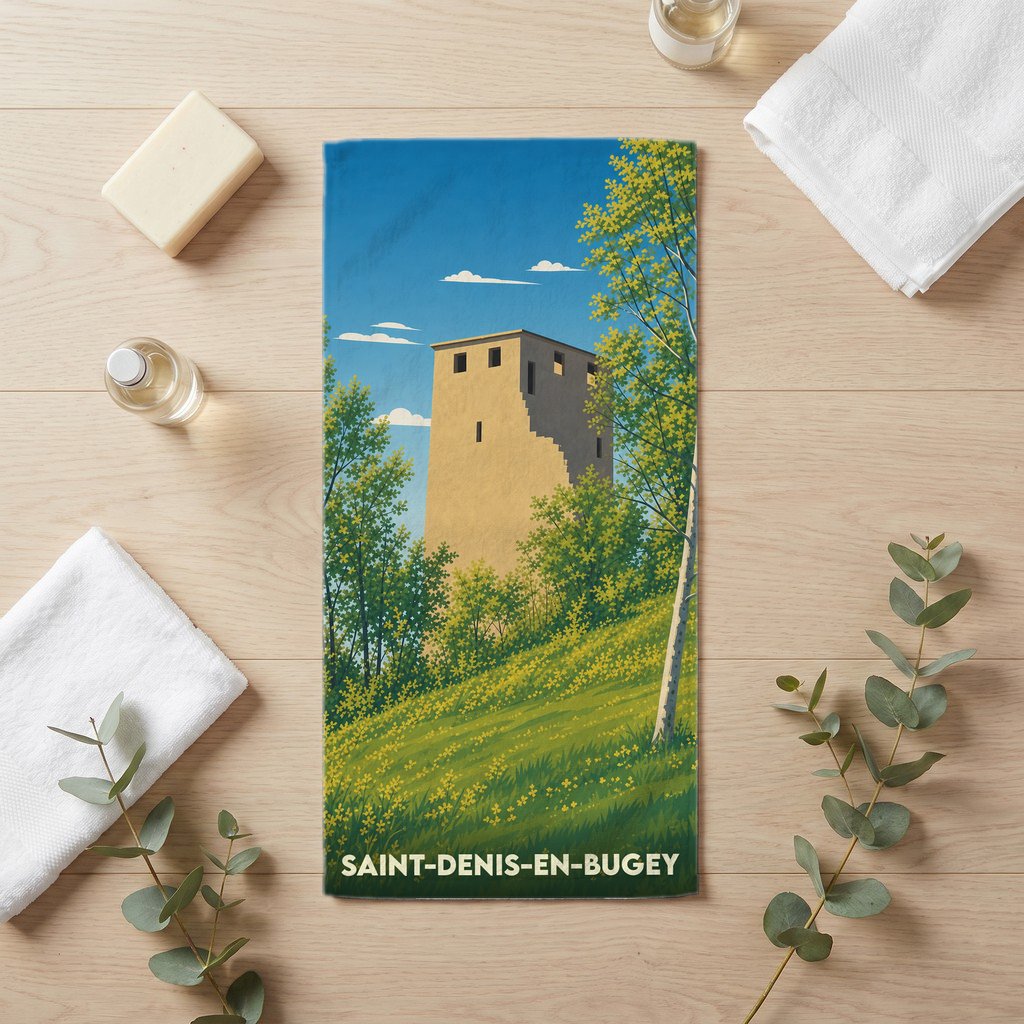 Serviette de bain souvenir de Saint-Denis-en-Bugey illustrée d'une tour médiévale stylisée dans un paysage verdoyant.