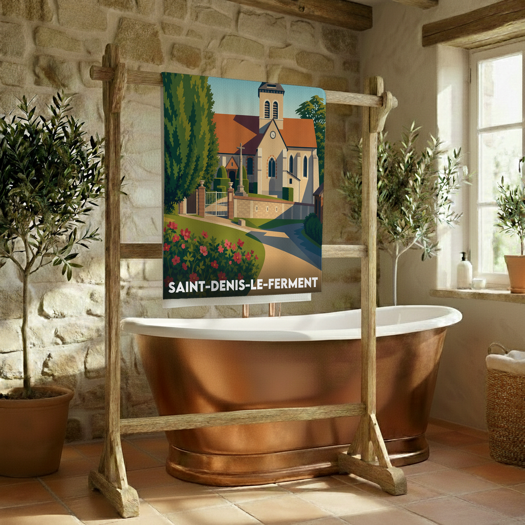 Serviette de bain souvenir de Saint-Denis-le-Ferment avec une illustration stylisée.