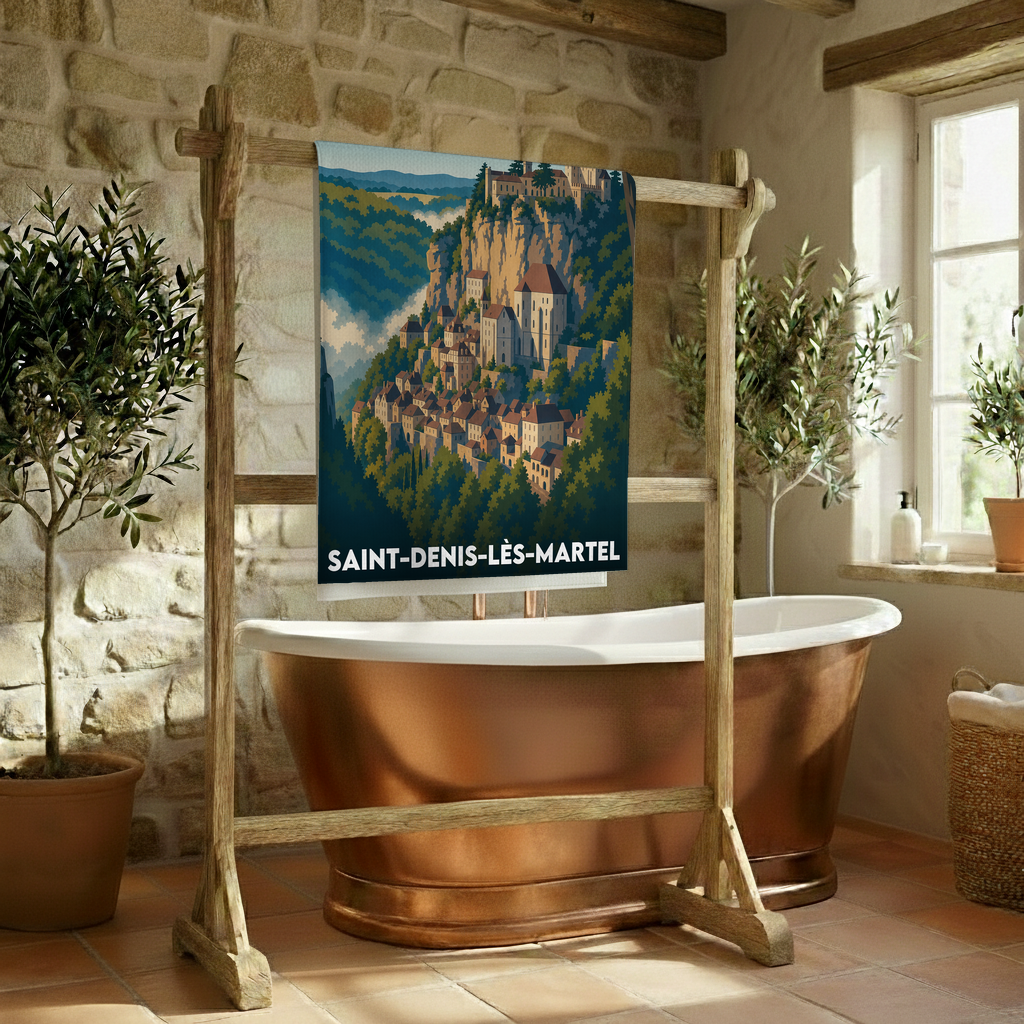 Serviette de bain souvenir de la ville de Saint-Denis-lès-Martel avec une illustration stylisée de son village.