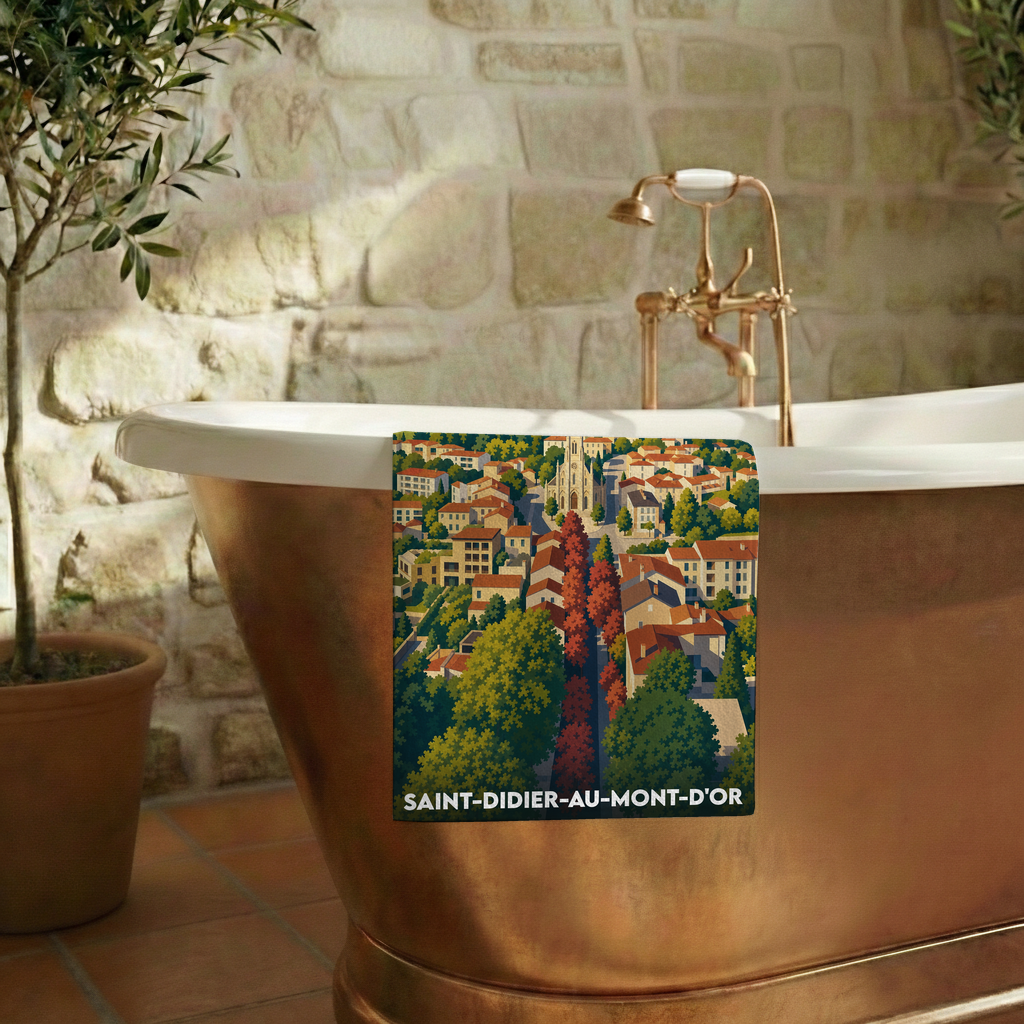 Serviette de bain souvenir de la ville de Saint-Didier-au-Mont-d'Or avec une illustration stylisée.