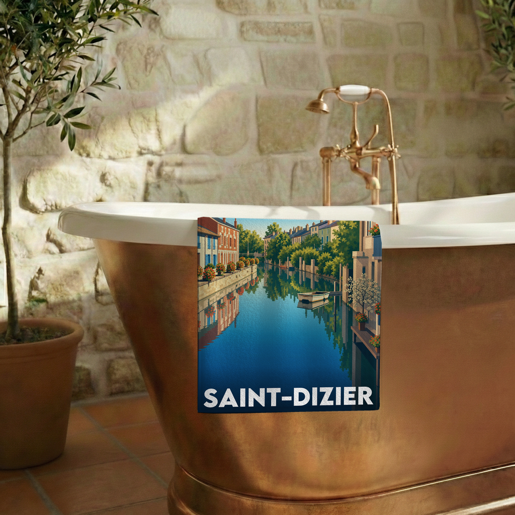 Serviette de bain souvenir de la ville de Saint-Dizier avec une illustration stylisée d'un canal.