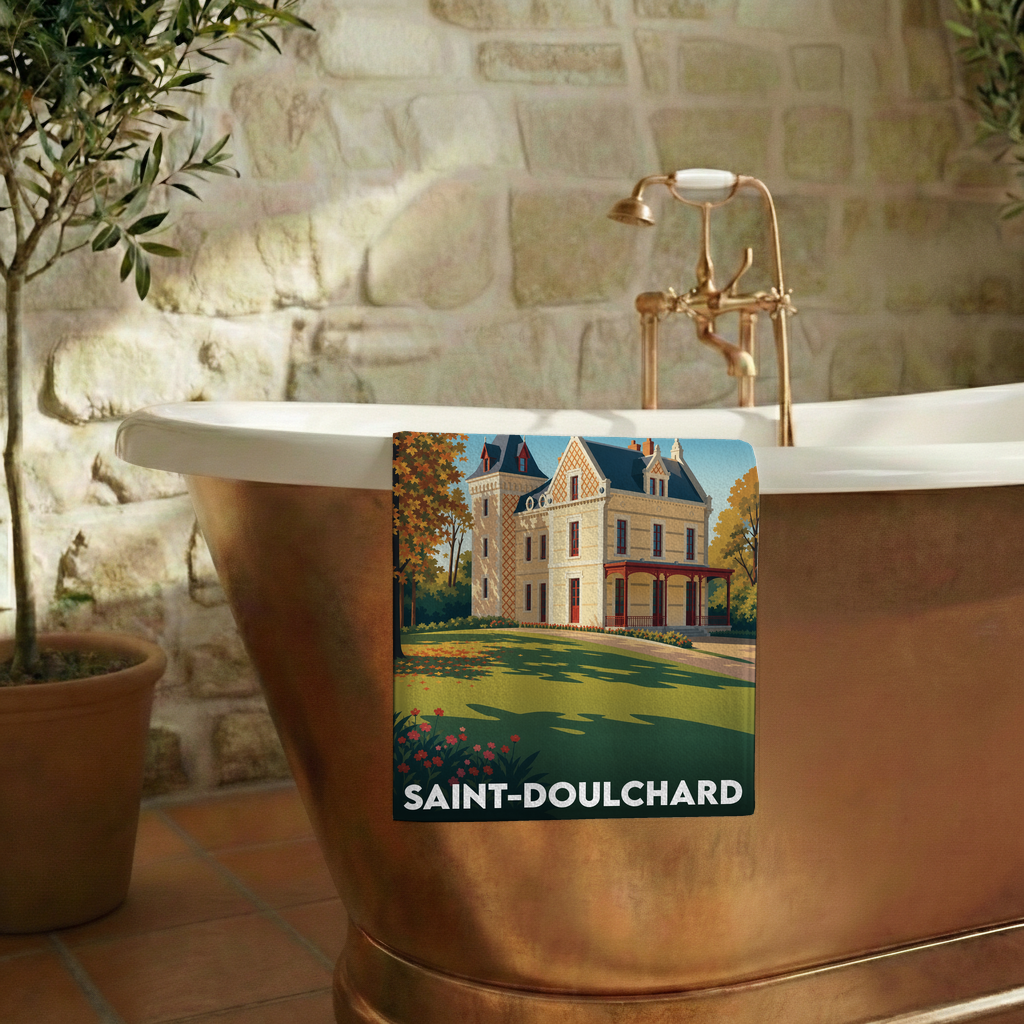 Serviette de bain souvenir de la ville de Saint-Doulchard avec une illustration stylisée d'un manoir.