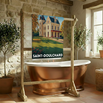Serviette de bain souvenir de la ville de Saint-Doulchard avec une illustration stylisée d'un manoir.