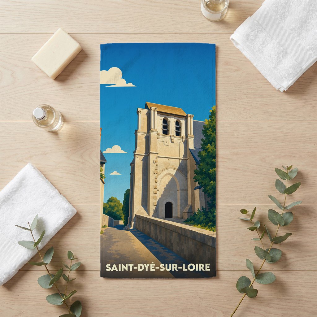 Serviette de bain souvenir de Saint-Dyé-sur-Loire illustrée d'une église sous un ciel bleu.