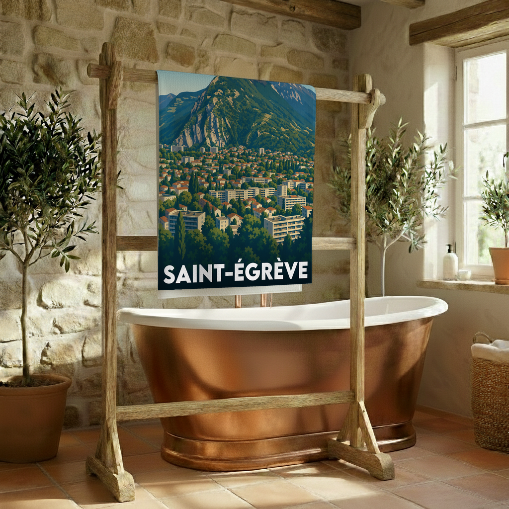 Serviette de bain souvenir de la ville de Saint-Égrève avec une illustration panoramique stylisée.