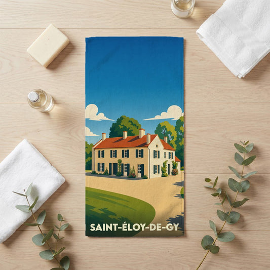 Serviette de bain souvenir de la ville de Saint-Éloy-de-Gy avec une illustration stylisée d'une maison de campagne.