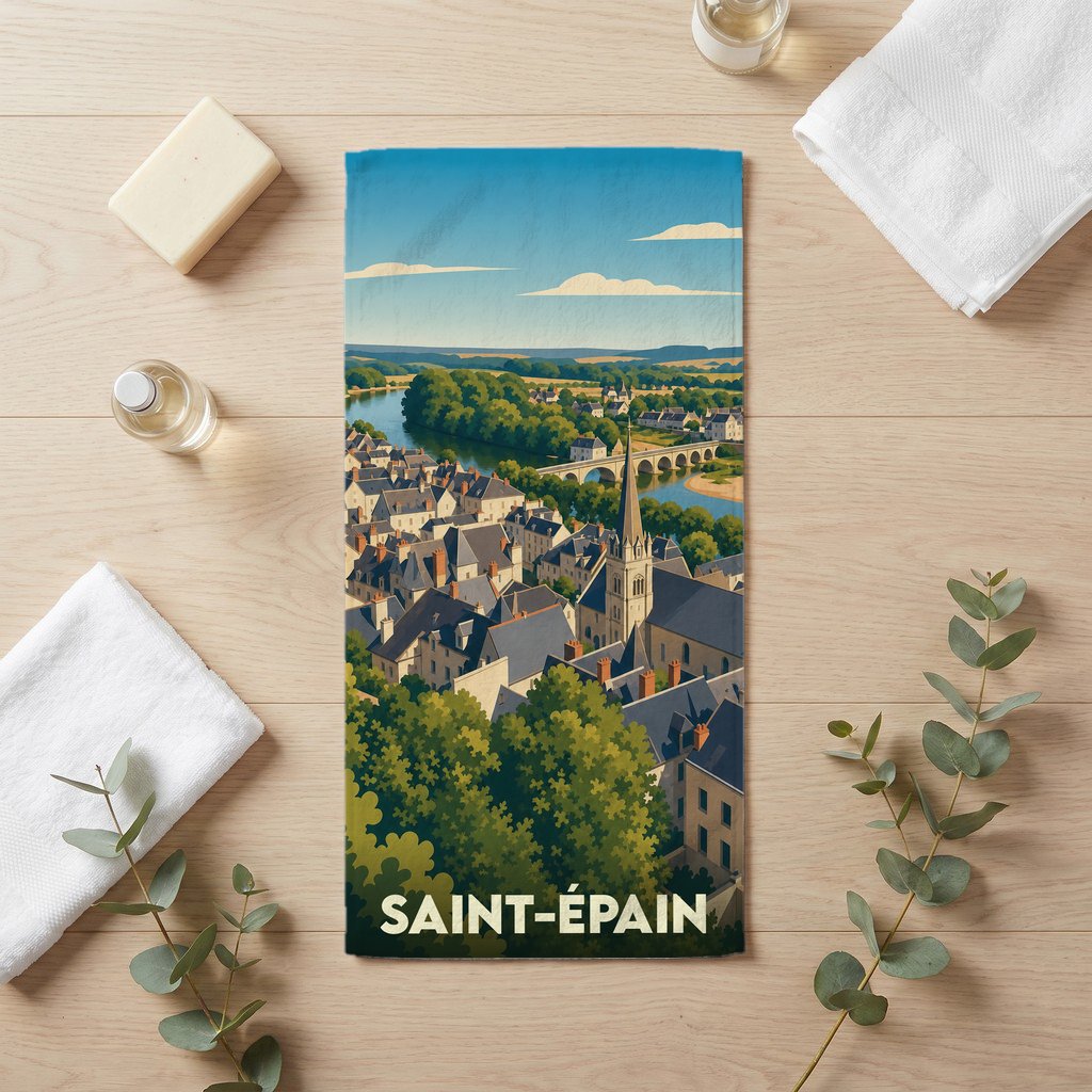 Serviette de bain souvenir de la ville de Saint-Épain illustrée par un paysage panoramique stylisé.