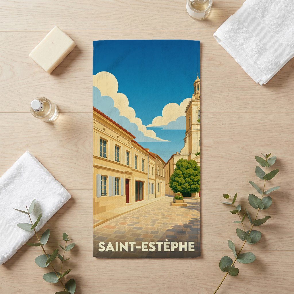 Serviette de bain souvenir de la ville de Saint-Estèphe avec une illustration stylisée d'une rue pittoresque.