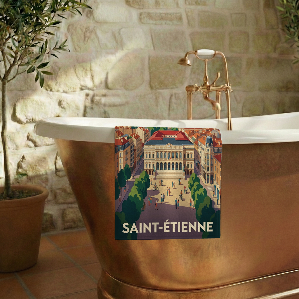 Serviette de bain souvenir de la ville de Saint-Étienne avec une illustration stylisée.