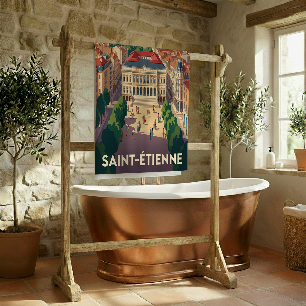 Serviette de bain souvenir de la ville de Saint-Étienne avec une illustration stylisée.