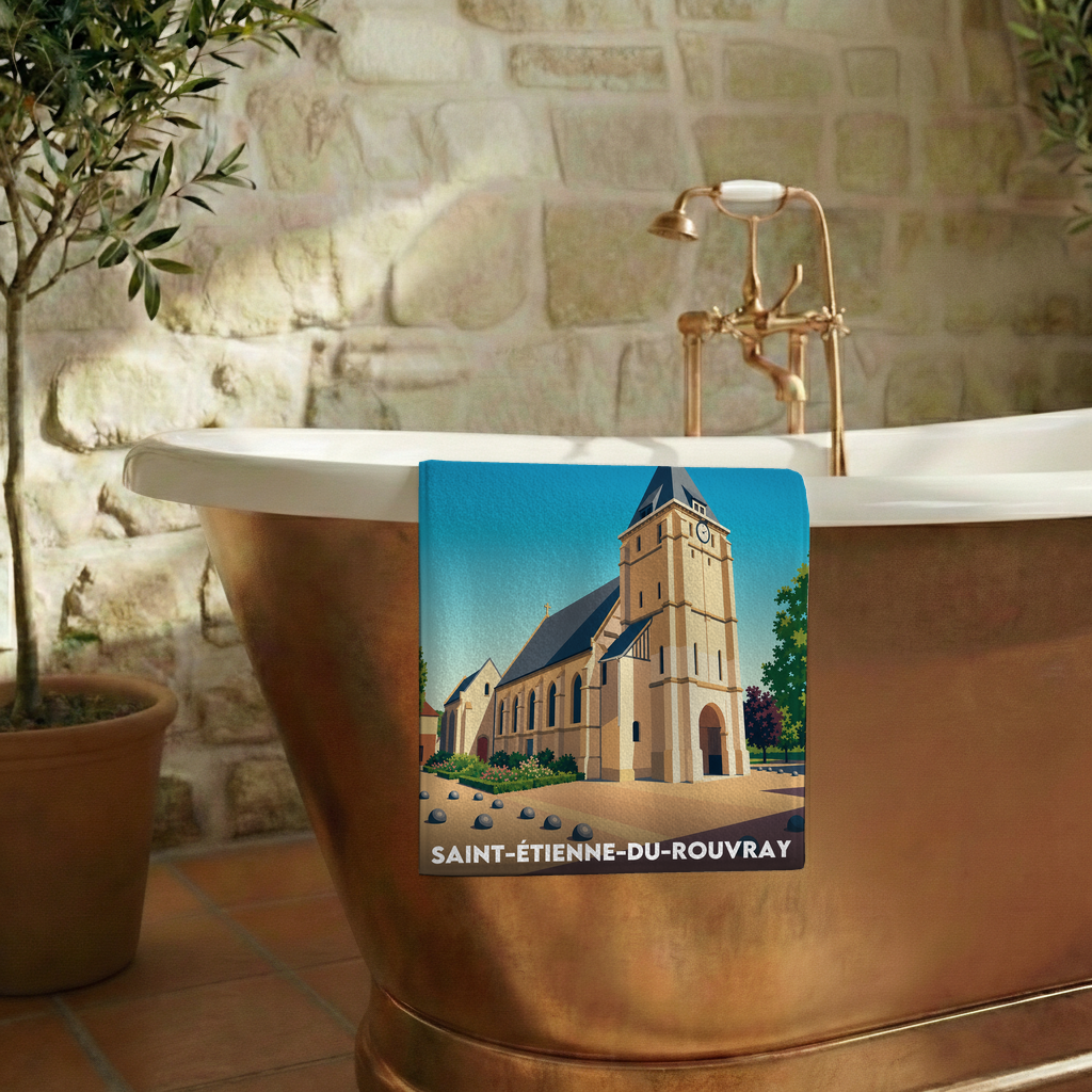 Serviette de bain souvenir de Saint-Étienne-du-Rouvray avec une illustration stylisée de son église.