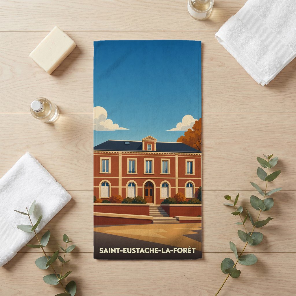 Serviette de bain souvenir de Saint-Eustache-la-Forêt illustrée d'un bâtiment historique dans un style graphique épuré.