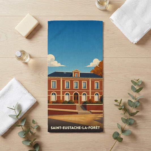 Serviette de bain souvenir de Saint-Eustache-la-Forêt illustrée d'un bâtiment historique dans un style graphique épuré.