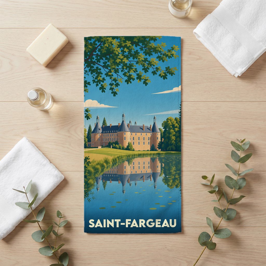 Serviette de bain souvenir de la ville de Saint-Fargeau avec une illustration stylisée de son château.