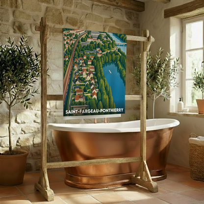 Serviette de bain souvenir de la ville de Saint-Fargeau-Ponthierry avec une illustration stylisée.