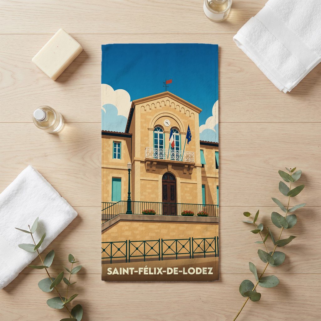 Serviette de bain souvenir de la ville de Saint-Félix-de-Lodez avec une illustration stylisée de sa mairie.