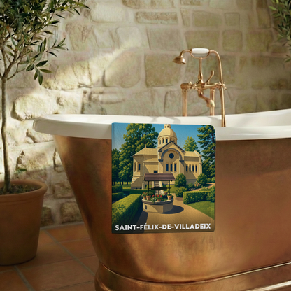 Serviette de bain souvenir de la ville de Saint-Félix-de-Villadeix avec une illustration stylisée.