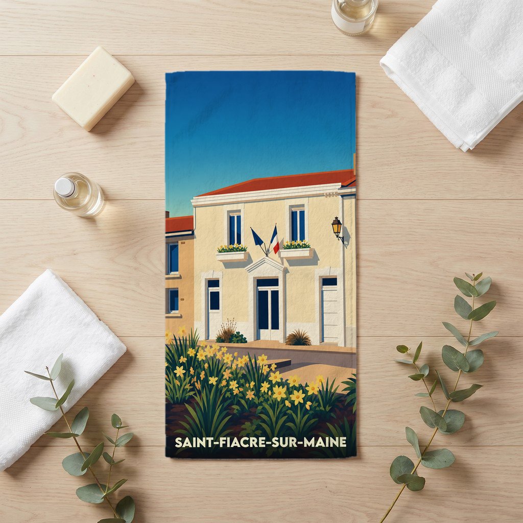 Serviette de bain souvenir de Saint-Fiacre-sur-Maine avec une illustration stylisée de la mairie et de fleurs jaunes.