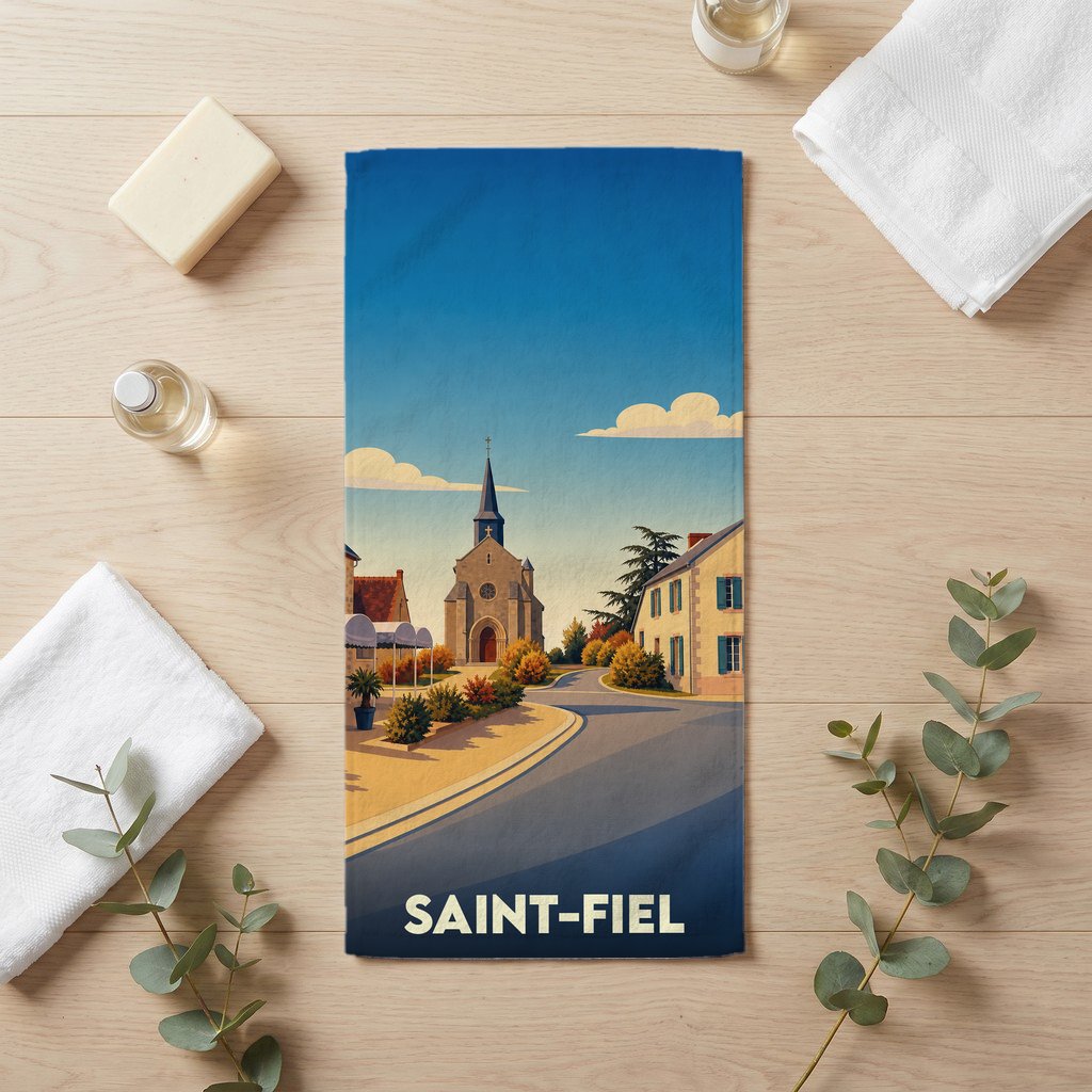 Serviette de bain souvenir de la ville de Saint-Fiel avec une illustration stylisée.