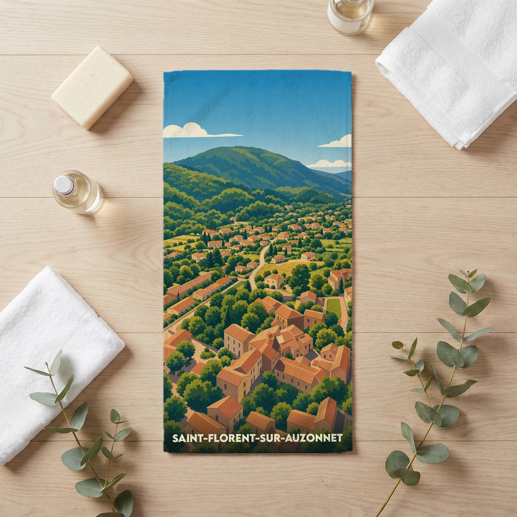 Serviette de bain souvenir de Saint-Florent-sur-Auzonnet illustrée d'un paysage de village niché au cœur d'une vallée verdoyante.