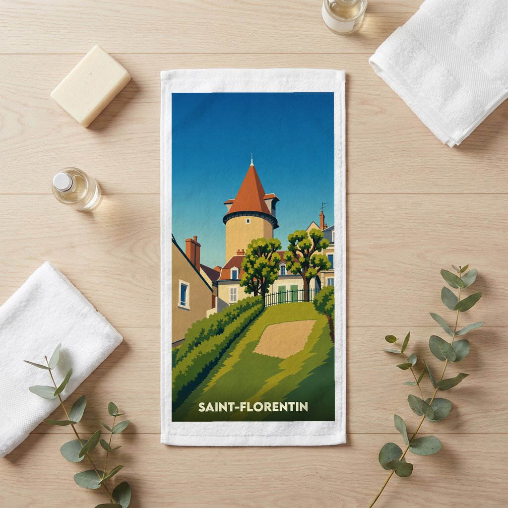 Serviette de bain souvenir de la ville de Saint-Florentin avec une illustration stylisée.