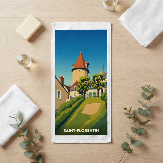 Serviette de bain souvenir de la ville de Saint-Florentin avec une illustration stylisée.