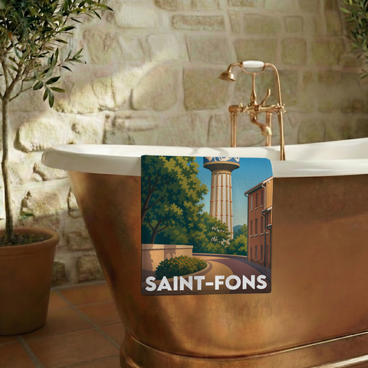 Serviette de bain souvenir de la ville de Saint-Fons avec une illustration stylisée.