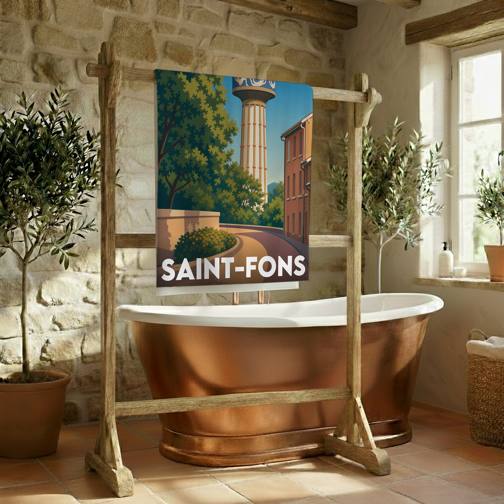 Serviette de bain souvenir de la ville de Saint-Fons avec une illustration stylisée.