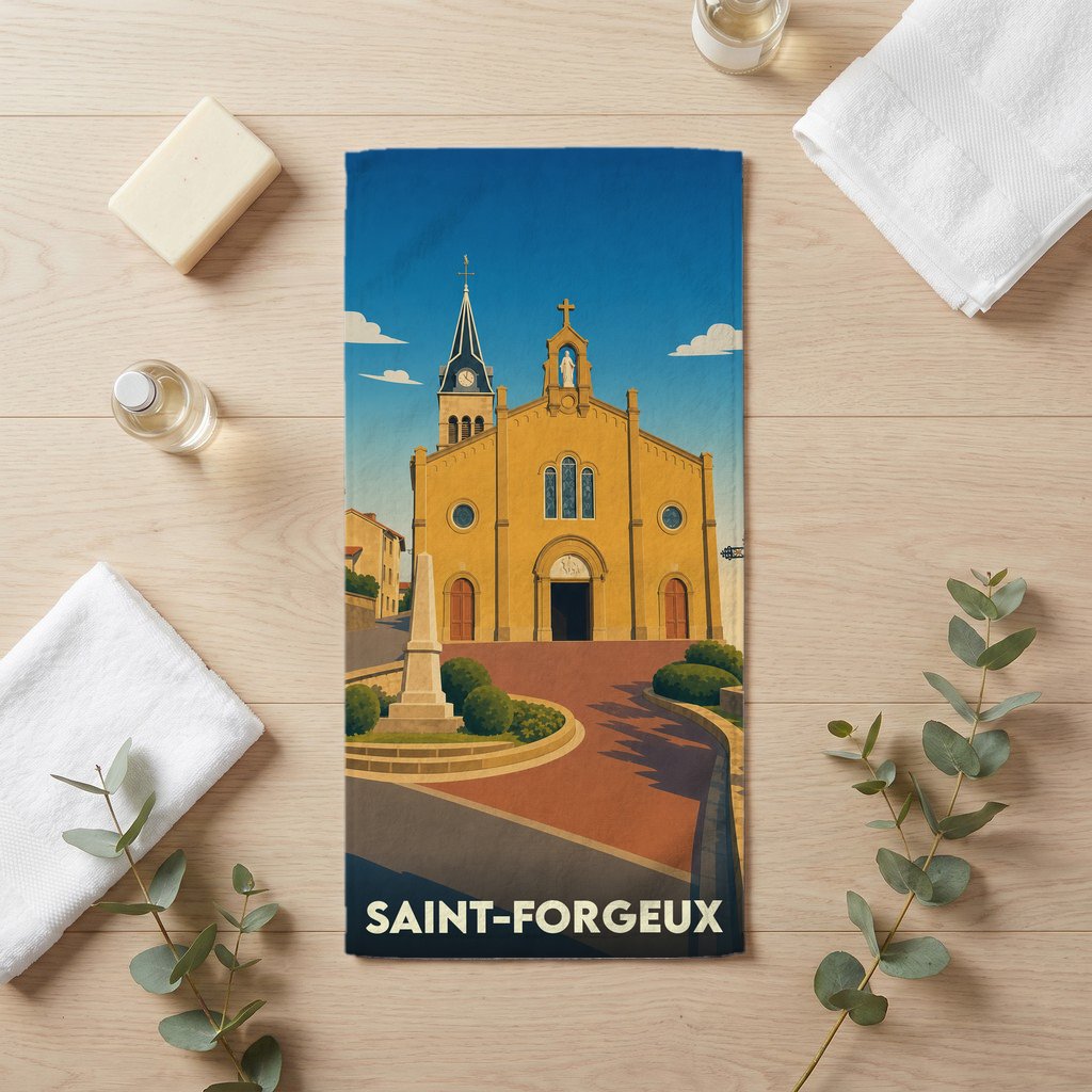 Serviette de bain souvenir de la ville de Saint-Forgeux illustrant son église dans un style rétro.