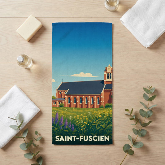 Serviette de bain souvenir de la ville de Saint-Fuscien avec une illustration stylisée.