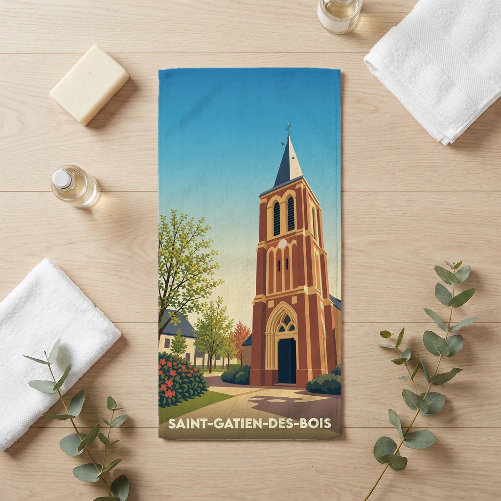 Serviette de bain souvenir de Saint-Gatien-des-Bois avec une illustration stylisée de son église.