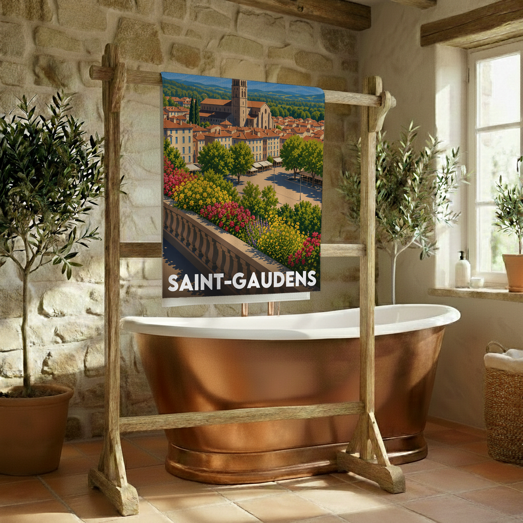 Serviette de bain souvenir de la ville de Saint-Gaudens avec une illustration stylisée.