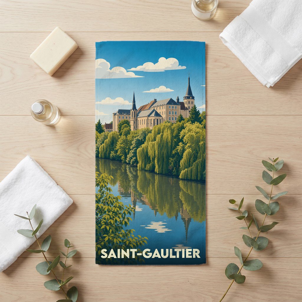 Serviette de bain souvenir de la ville de Saint-Gaultier avec une illustration stylisée d'un château au bord de l'eau.