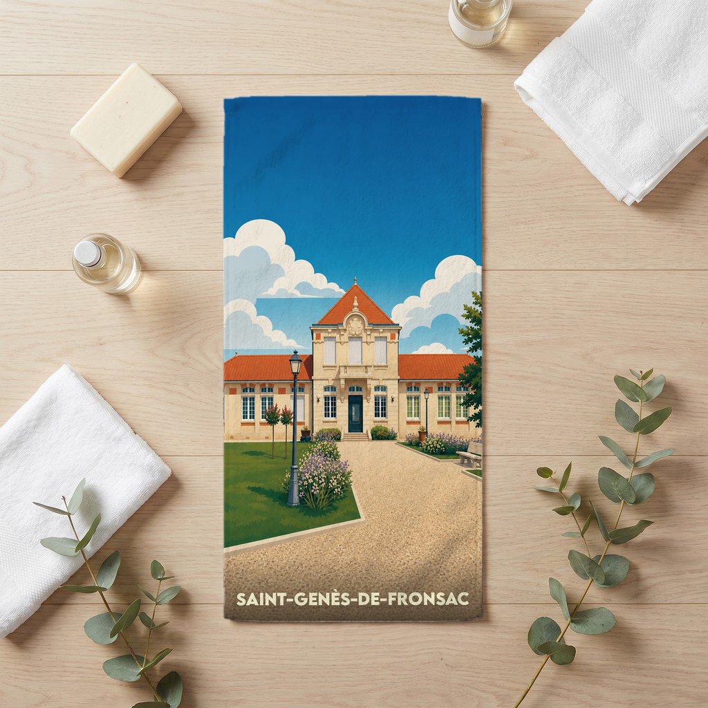 Serviette de bain souvenir de la ville de Saint-Genès-de-Fronsac avec une illustration stylisée d'un bâtiment municipal.