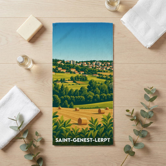 Serviette de bain souvenir de la ville de Saint-Genest-Lerpt avec une illustration de paysage champêtre.