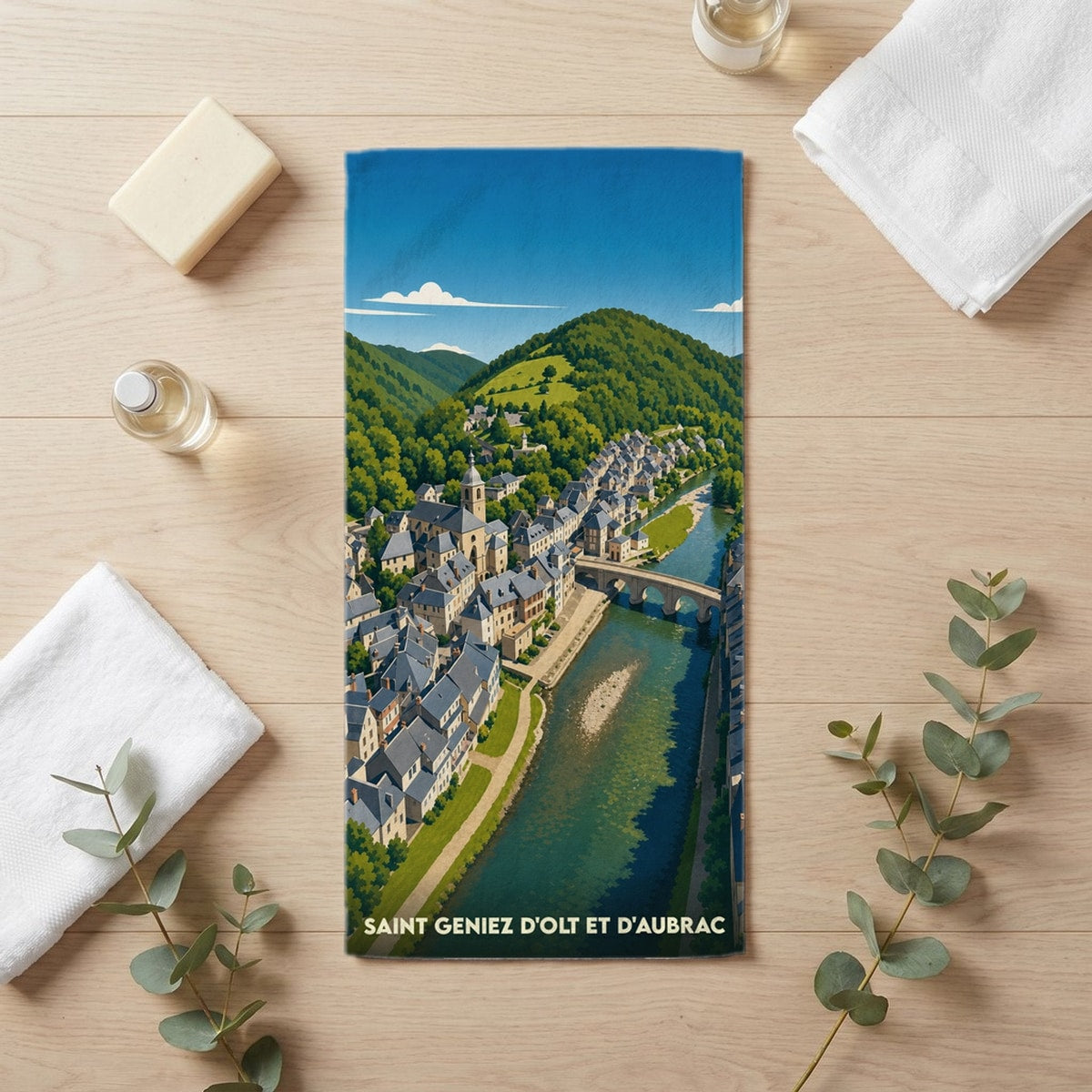 Serviette de bain 30 cm x 60 cm souvenir de Saint Geniez d'Olt et d'Aubrac