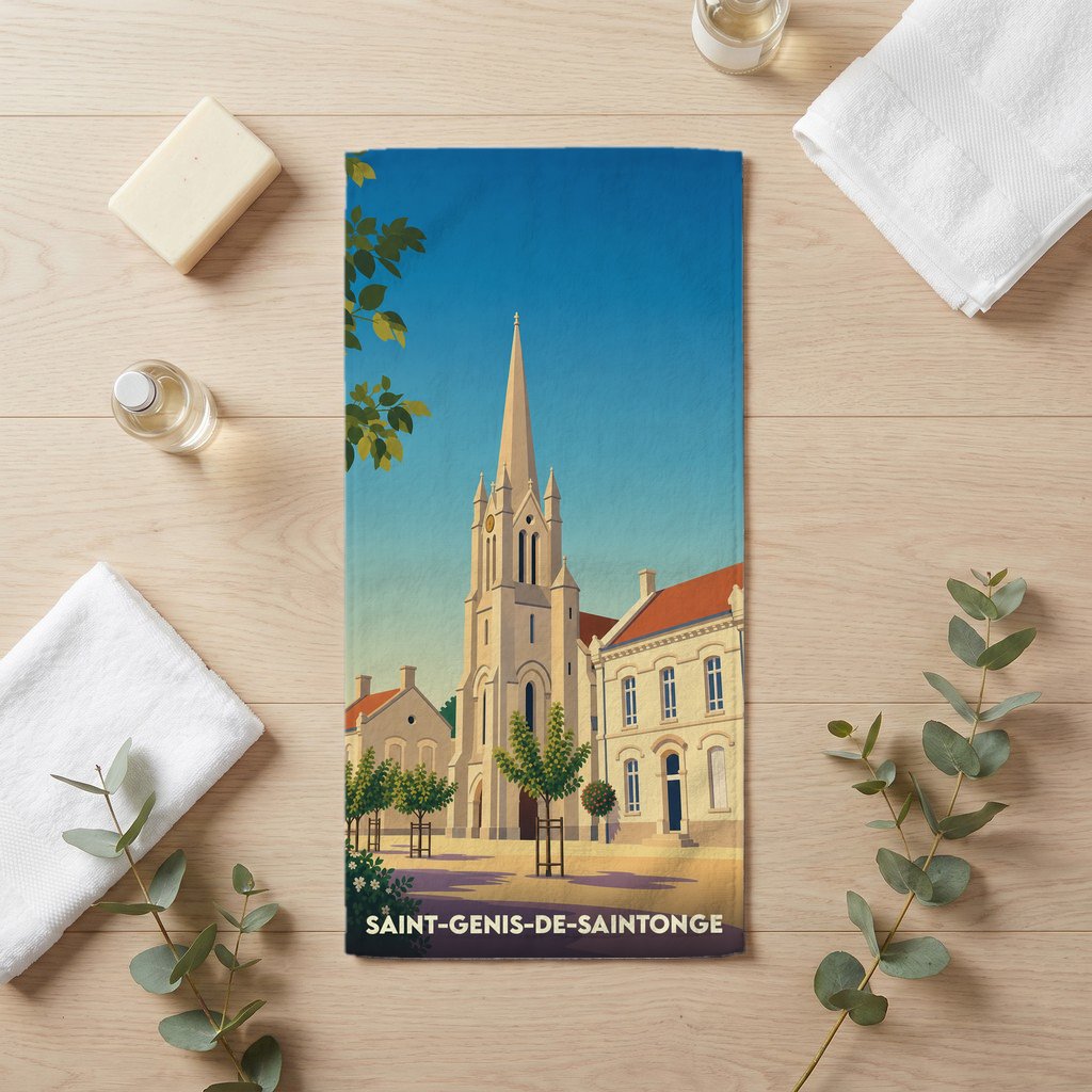 Serviette de bain souvenir de Saint-Genis-de-Saintonge illustrée d'une église sous un ciel bleu.
