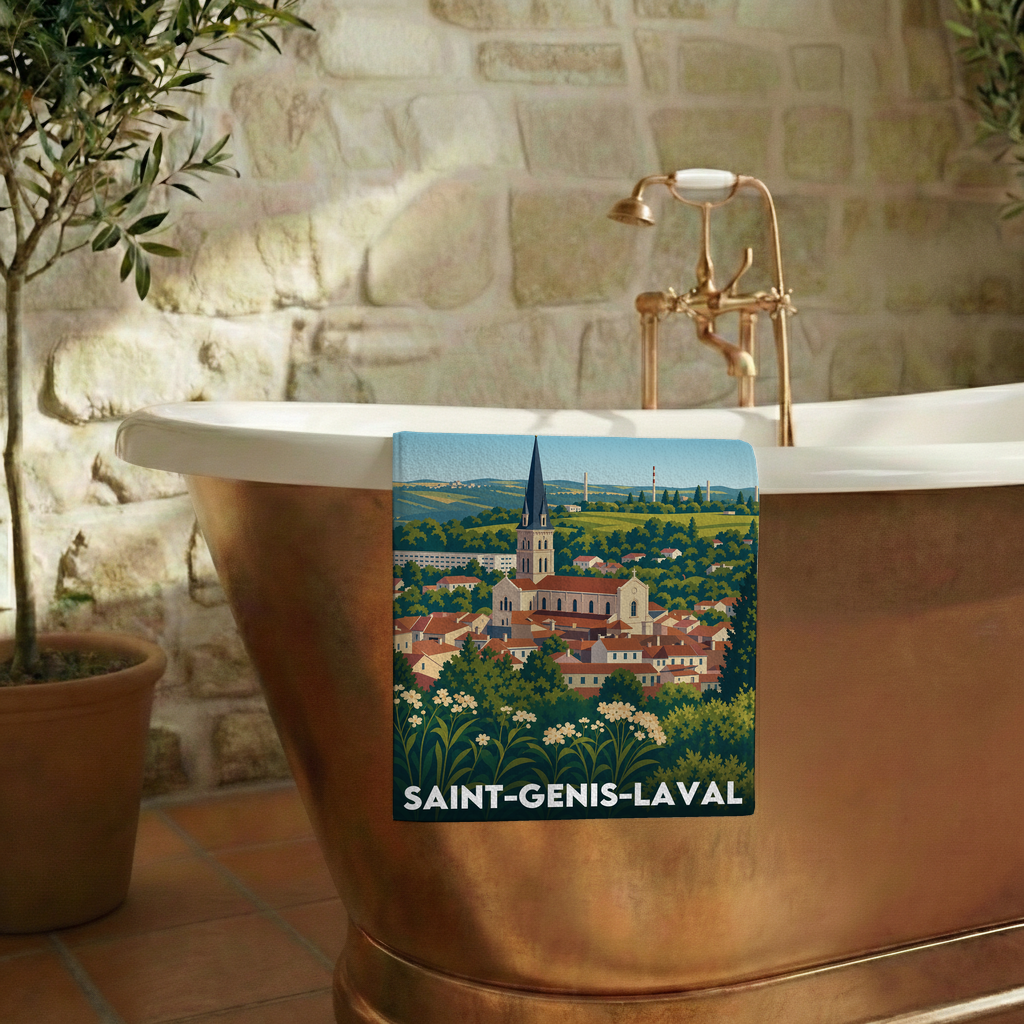 Serviette de bain souvenir de la ville de Saint-Genis-Laval avec une illustration stylisée.