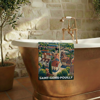 Serviette de bain souvenir de la ville de Saint-Genis-Pouilly avec une illustration stylisée.
