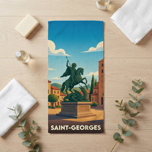 Serviette de bain souvenir de la ville de Saint-Georges illustrée d'une statue équestre terrassant un dragon.