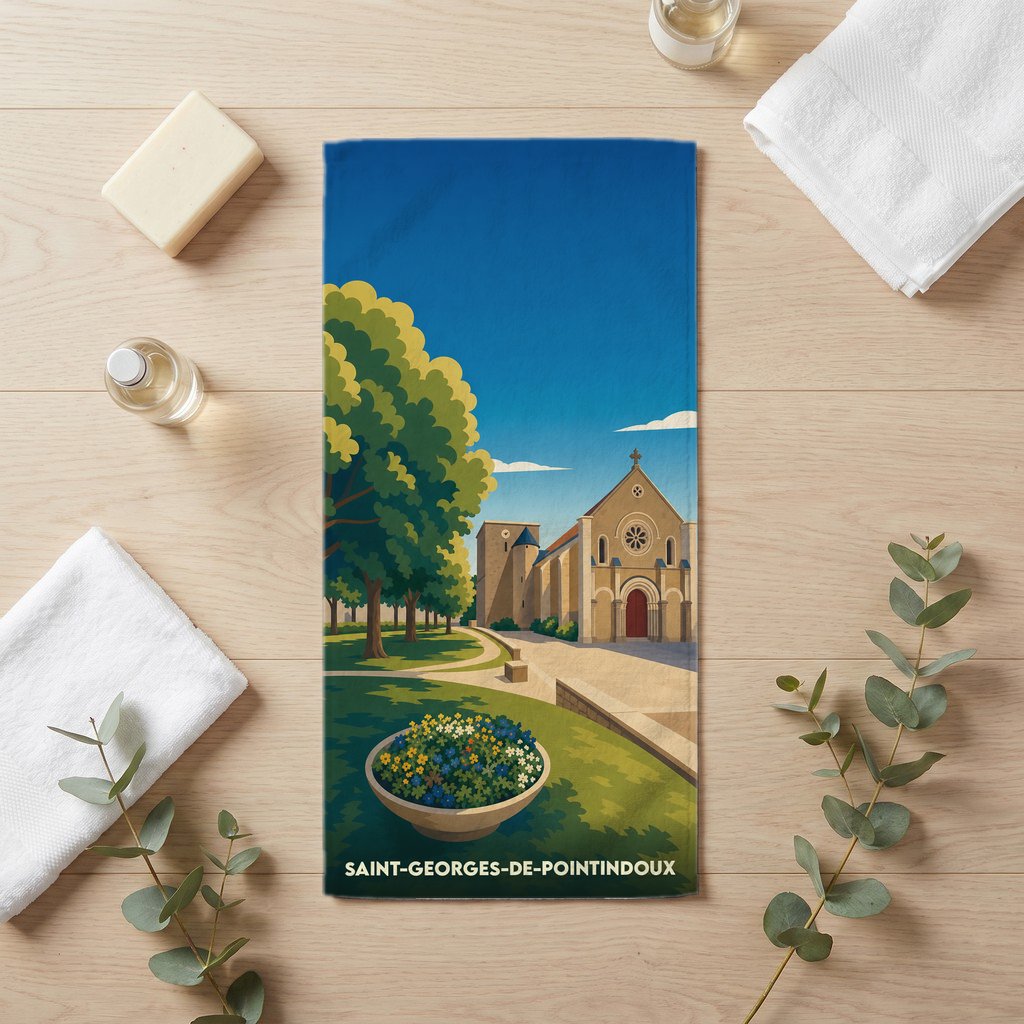 Serviette de bain souvenir de Saint-Georges-de-Pointindoux avec une illustration stylisée de son église et de son parc.