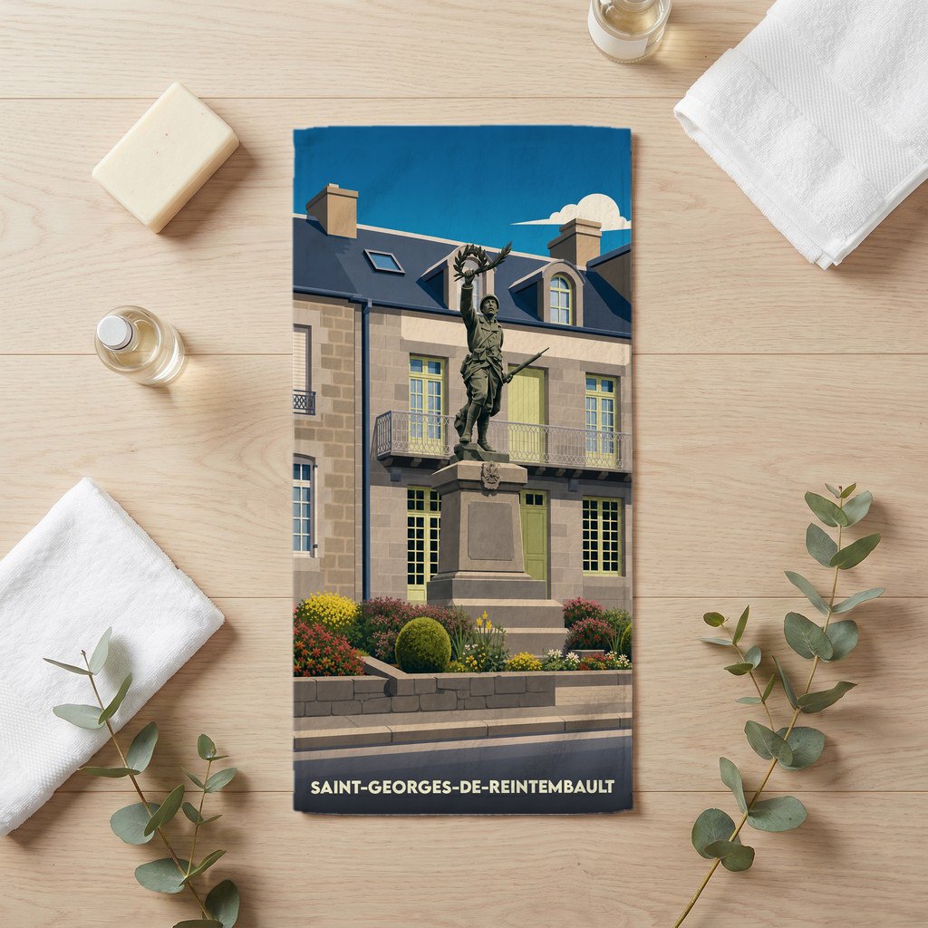 Serviette de bain souvenir de Saint-Georges-de-Reintembault avec une illustration de son monument aux morts.