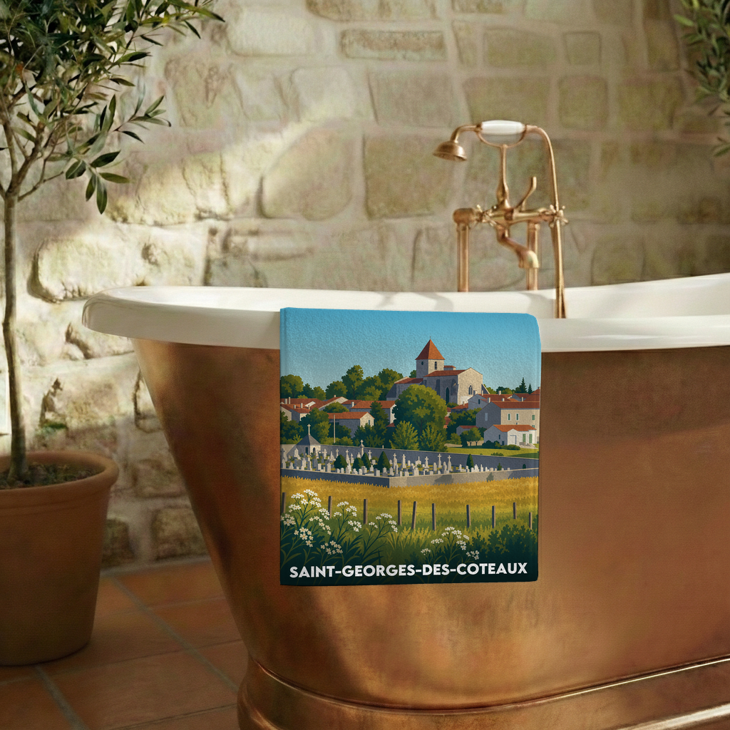 Serviette de bain souvenir de la ville de Saint-Georges-des-Coteaux avec une illustration stylisée.