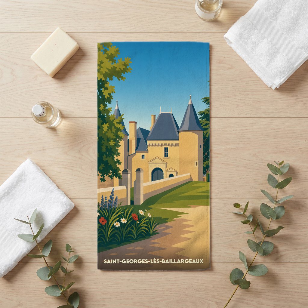 Serviette de bain souvenir de la ville de Saint-Georges-lès-Baillargeaux avec une illustration stylisée d'un château.