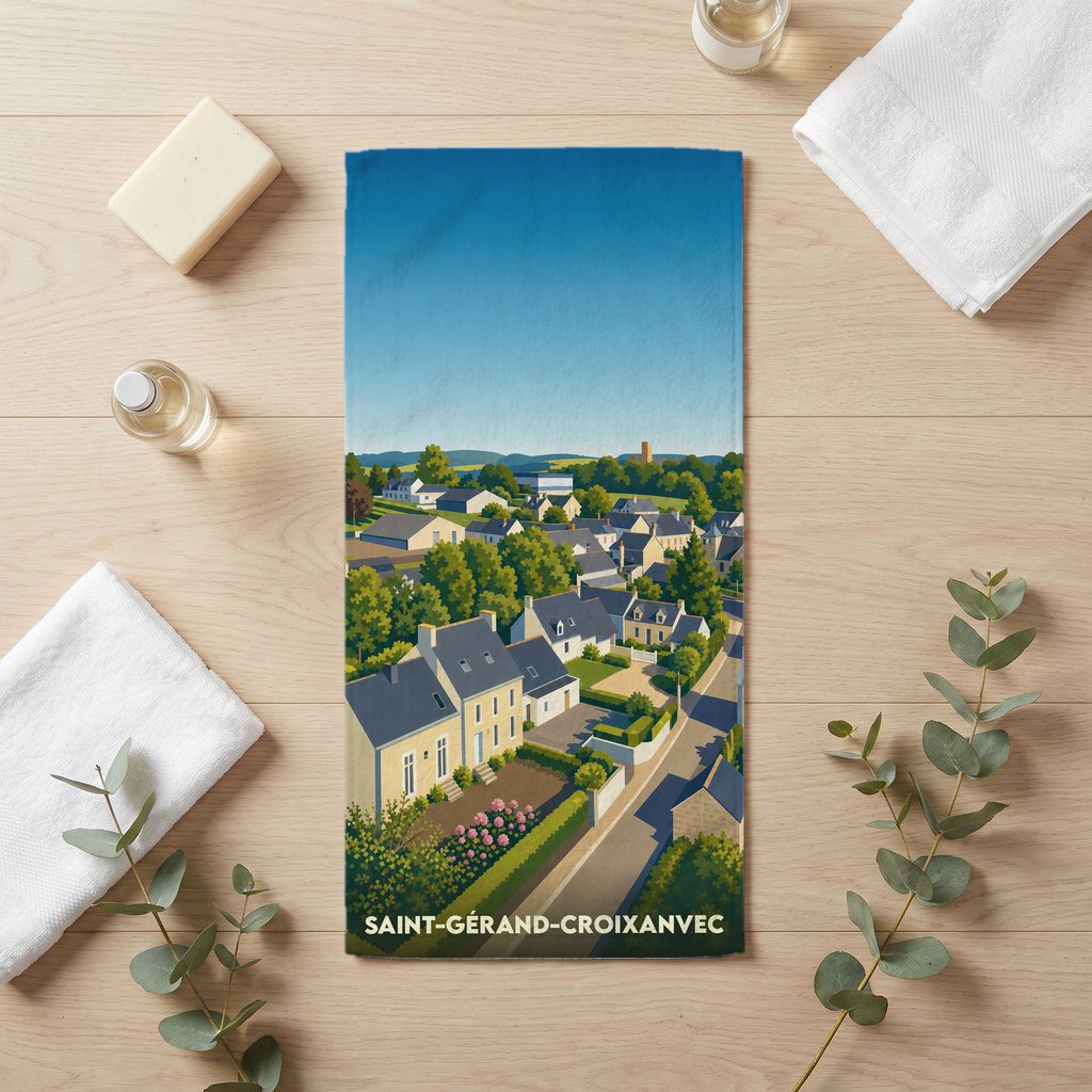 Serviette de bain souvenir de Saint-Gérand-Croixanvec avec une illustration stylisée de la ville.