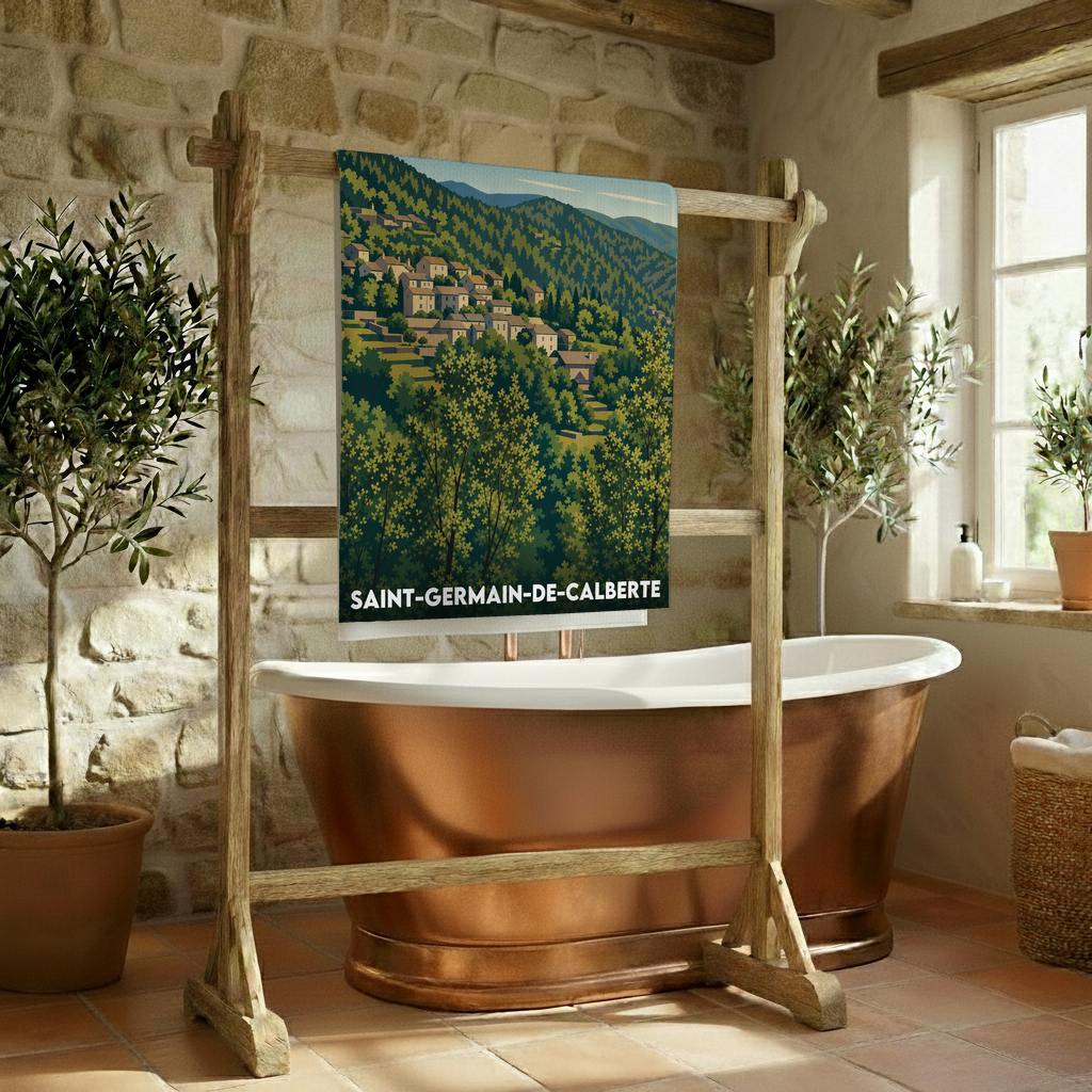Serviette de bain souvenir de la ville de Saint-Germain-de-Calberte avec une illustration stylisée de son village en montagne.