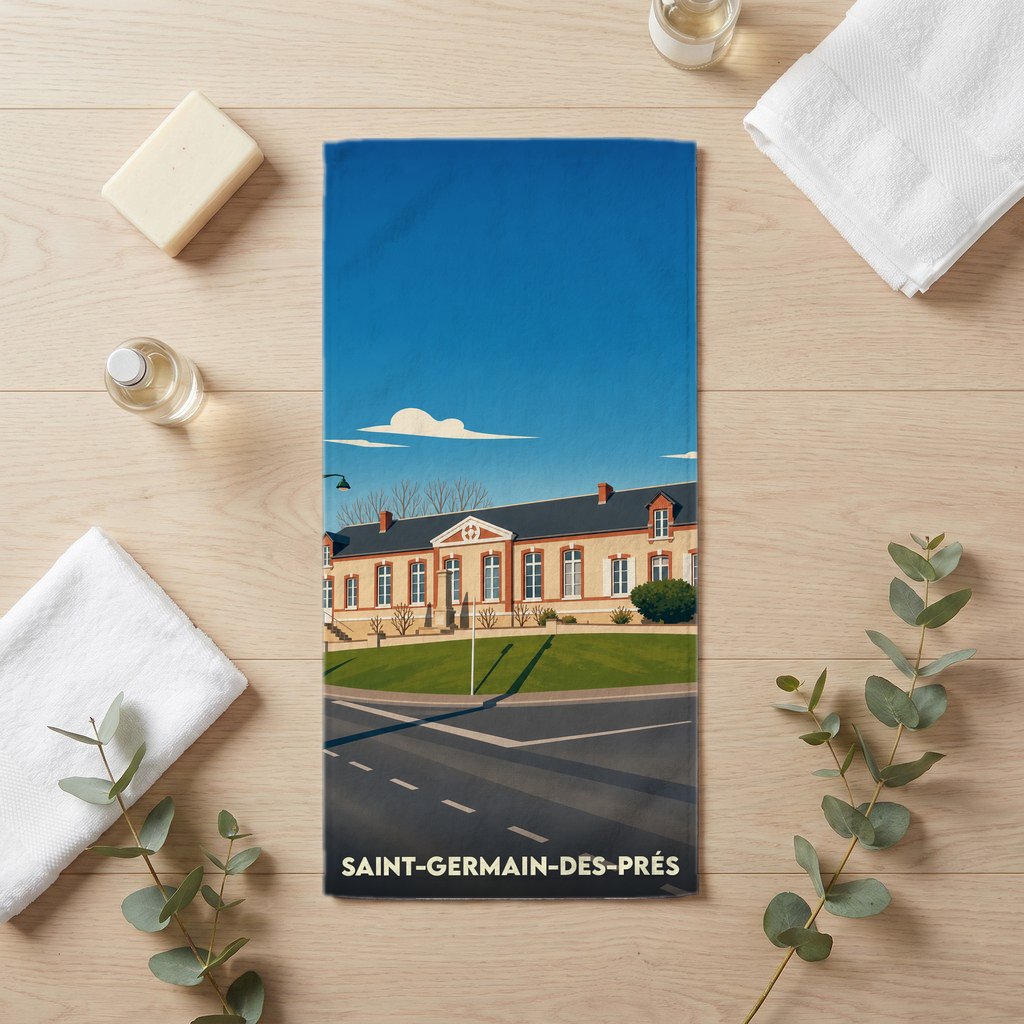 Serviette de bain souvenir de la ville de Saint-Germain-des-Prés avec une illustration stylisée.