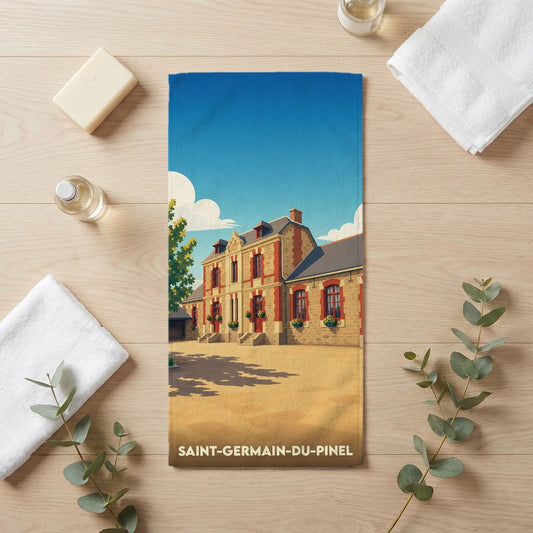 Serviette de bain souvenir de la ville de Saint-Germain-du-Pinel avec une illustration stylisée.