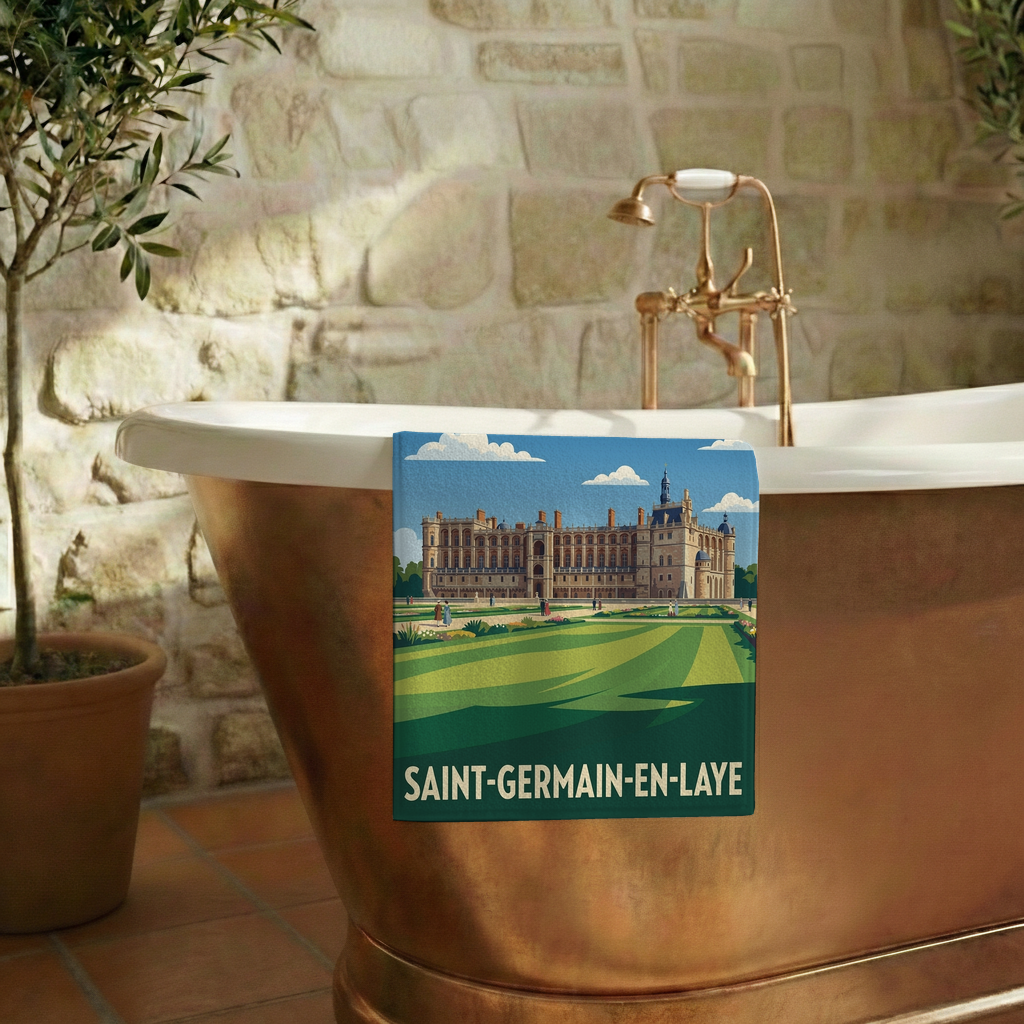 Serviette de bain souvenir de la ville de Saint-Germain-en-Laye avec une illustration stylisée de son château.