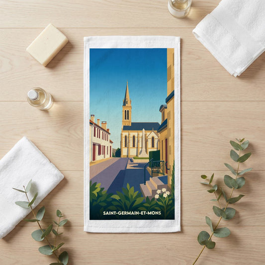 Serviette de bain souvenir de Saint-Germain-et-Mons avec une illustration stylisée de son église et d'une rue du village.